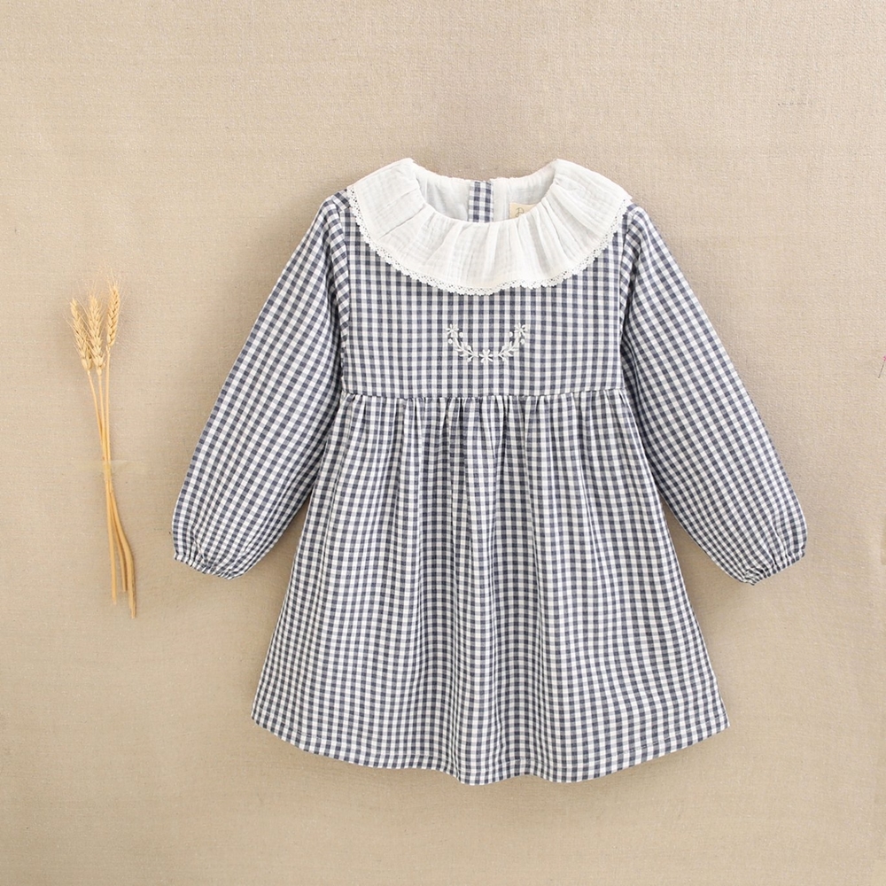 Vestido niña cuadros azul y blanco cuello Blanco R190590